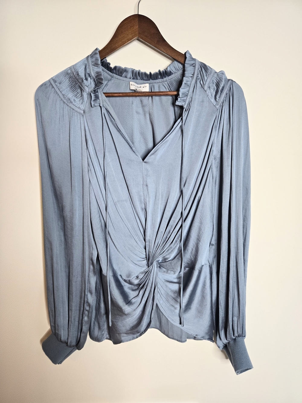Current Air Silky Slate Blue Twist-Front Tie-Neck Ruffle Blouse Women's Size S